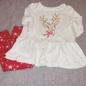 Cat & Jack Girls 3T Reindeer Sweater top and Red Star Print Leggings Set